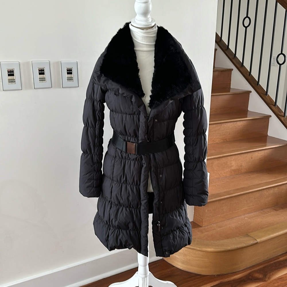 STEVE BY SEARLE BLACK PUFFER DOWN BELTED COAT GENUINE OTTER FUR COLLAR SMALL